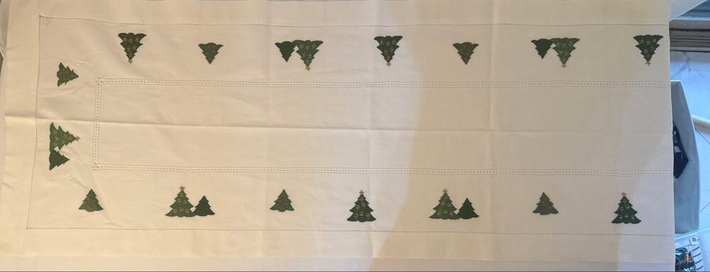 White Embroidered Christmas Tree Table Runner Gold Holiday 18 x 71